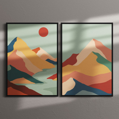 Conjunto de Quadro Decorativo Paisagem Sol Sobre as Montanhas