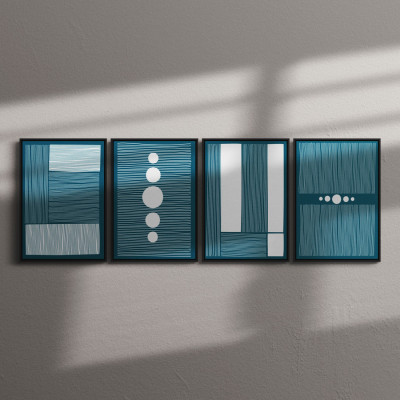 Conjunto De Quadros Decorativos Abstrato Linhas E Círculos Fundo Azul Escuro