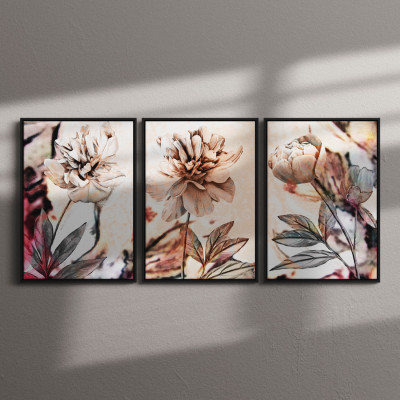 Conjunto de Quadros Decorativos Flores em Fundo Abstrato