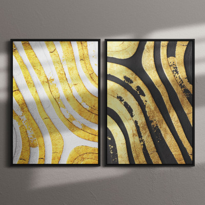 Conjunto de Quadros Decorativos Linhas Curvas Douradas