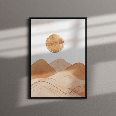 Quadro Decorativo Aquarela Pintura Paisagem Montanhas e Sol