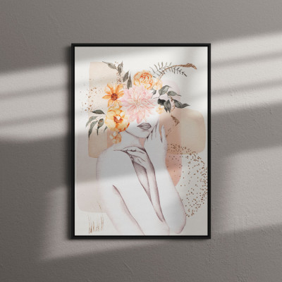 Quadro Decorativo Floral Mulher Fundo Abstrato