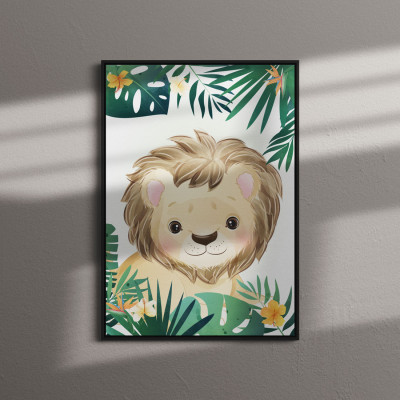 Quadro Decorativo Infantil Leão na Floresta Tropical