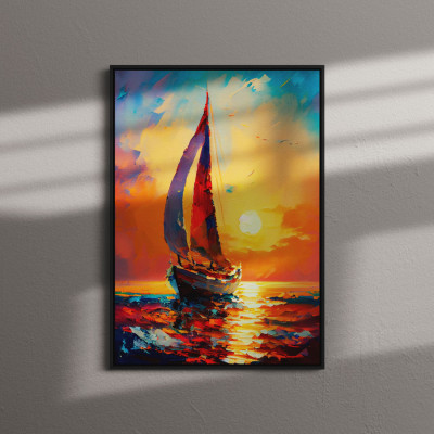 Quadro Decorativo Pintura Barco A Vela Ao Por Do Sol