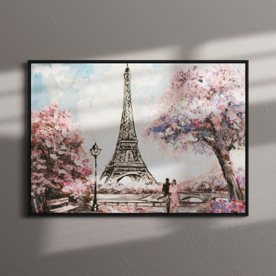 Quadro Decorativo Pintura Torre Eiffel Paris Flor De Cerejeira