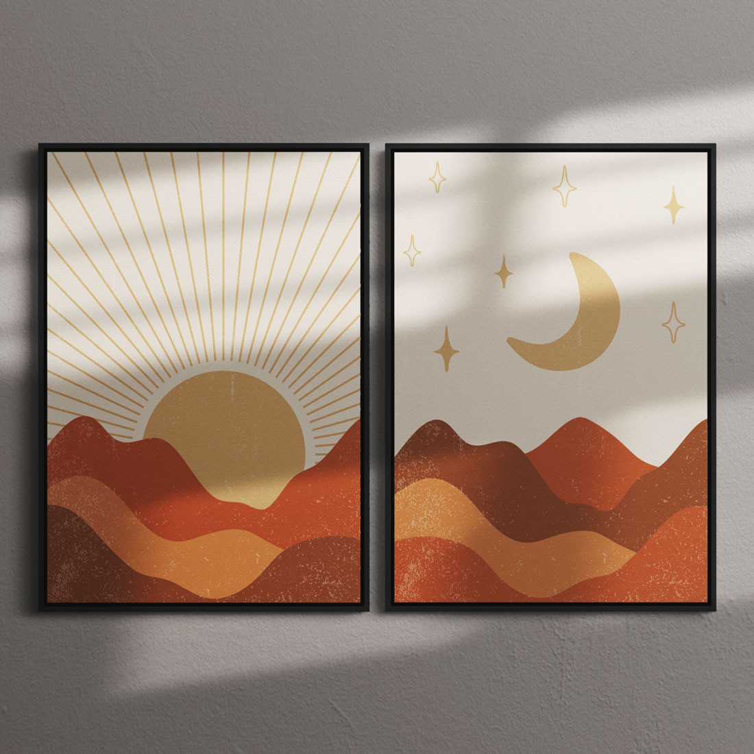 Conjunto De Quadros Decorativos Abstratos Sol Lua e Montanhas