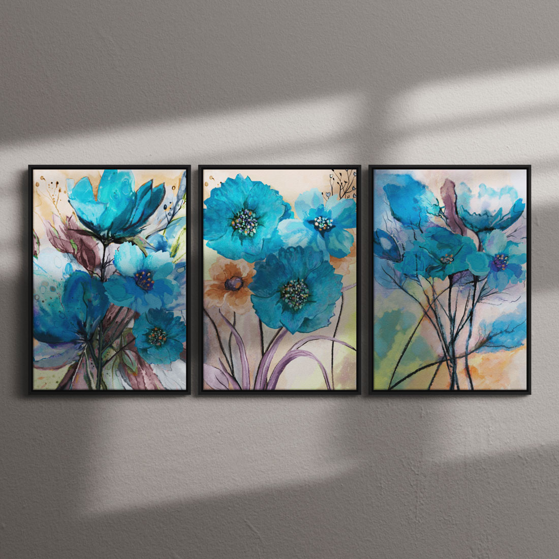 Conjunto de Quadros Decorativos Pintura Bouquet Flores Azul