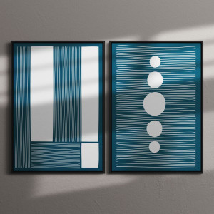 Conjunto De Quadros Decorativos Abstrato Linhas E Círculos Fundo Azul