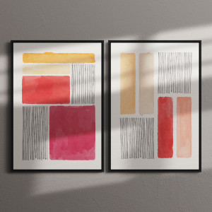 Conjunto De Quadros Decorativos Abstratos Tons De Vermelho E Rosa