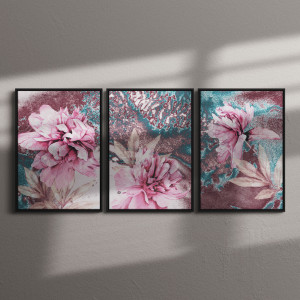 Conjunto de Quadros Decorativos Flores Rosas em Fundo Abstrato