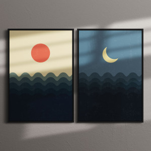 Conjunto De Quadros Decorativos Sol E Lua Abstratos