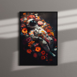 Quadro Decorativo Pintura Aquarela Astronauta Flores